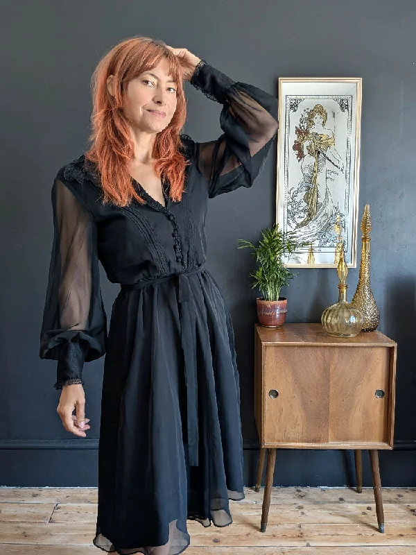 Special Offer Vintage 70's Black Chiffon Jean Allen Dress
