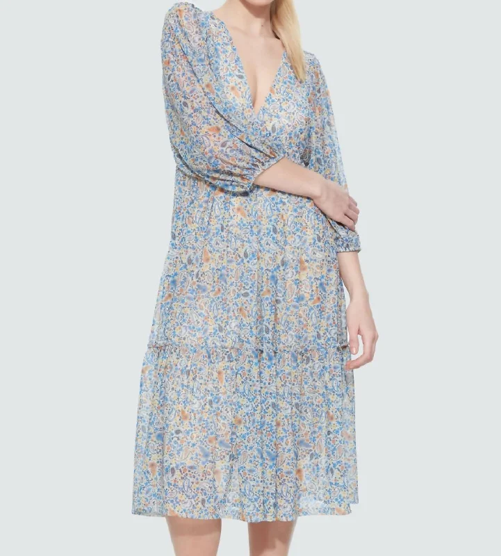 Limited Time Mesh Tiered Midi Dress In Blue Orange Paisley