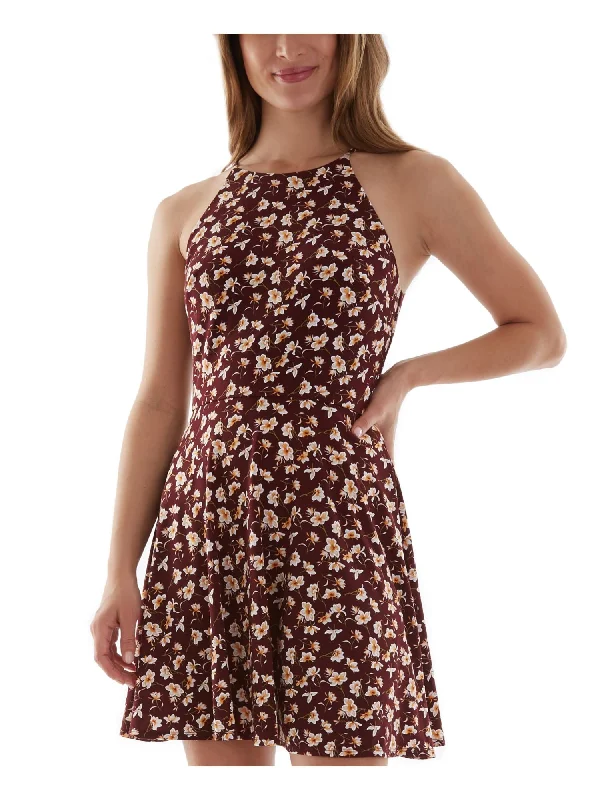 Online Exclusive BCX DRESS Womens Maroon Floral Sleeveless Halter Mini Party Fit + Flare Dress Online Exclusive BCX DRESS Womens Maroon Floral Sleeveless Halter Mini Party Fit + Flare Dress