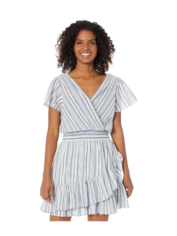 Customer Appreciation Sale MICHAEL KORS Womens Blue Smocked Sheer Pullover Ruffled Lined Striped Flutter Sleeve Surplice Neckline Knee Length Faux Wrap Dress Customer Appreciation Sale MICHAEL KORS Womens Blue Smocked Sheer Pullover Ruffled Lined Striped Flutter Sleeve Surplice Neckline Knee Length Faux Wrap Dress