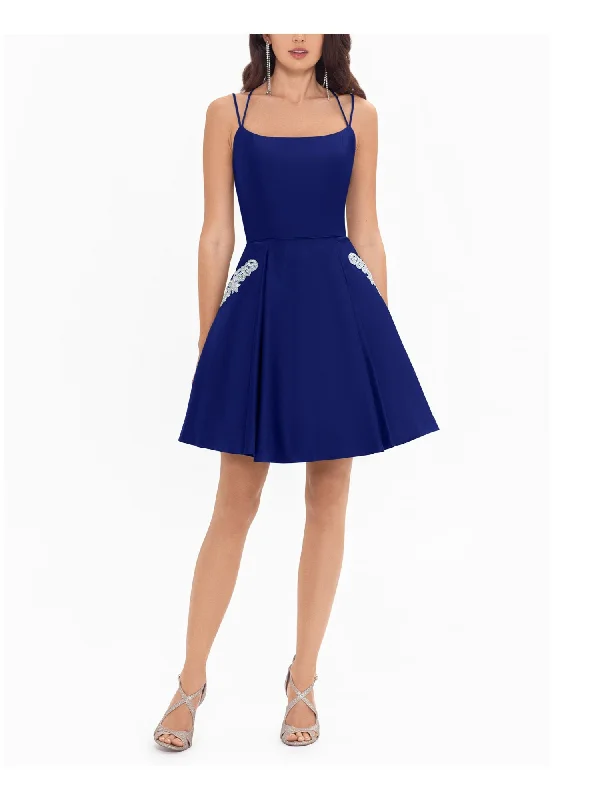 Quick Sale BLONDIE NITES Womens Navy Embellished Zippered Spaghetti Strap Scoop Neck Short Party Fit + Flare Dress Quick Sale BLONDIE NITES Womens Navy Embellished Zippered Spaghetti Strap Scoop Neck Short Party Fit + Flare Dress