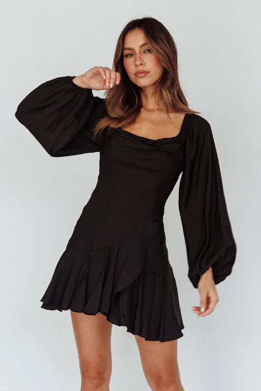 Great Bargains Beaujolais Long Sleeve Cowl Neckline Ruffle Satin Mini Dress Black