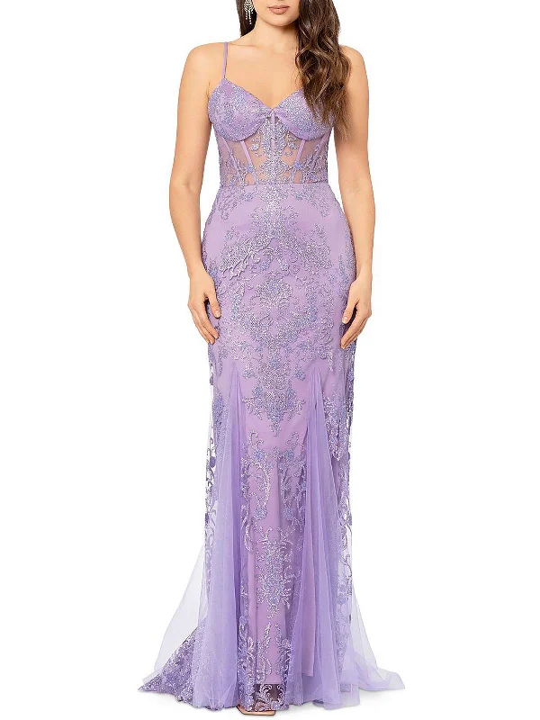 Can't Be Beat Juniors Womens Illusion-Waist Corset Evening Dress