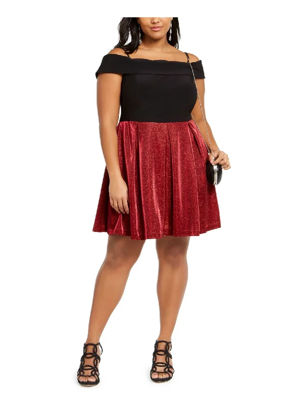 Super Sale MORGAN & CO Womens Glitter Short Sleeve Off Shoulder Above The Knee Evening Fit + Flare Dress