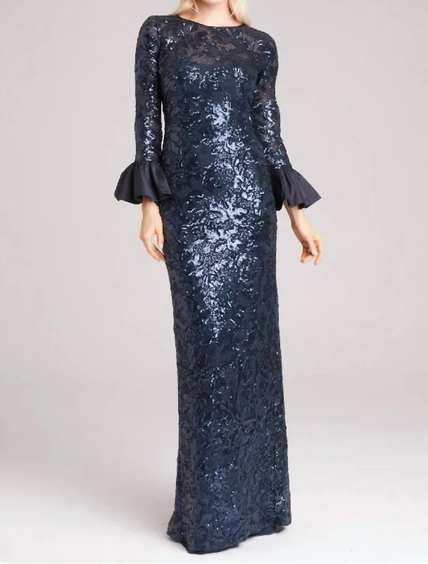 Exclusive Savings Long Bell Sleeve Sequin Sheath Gown In Navy