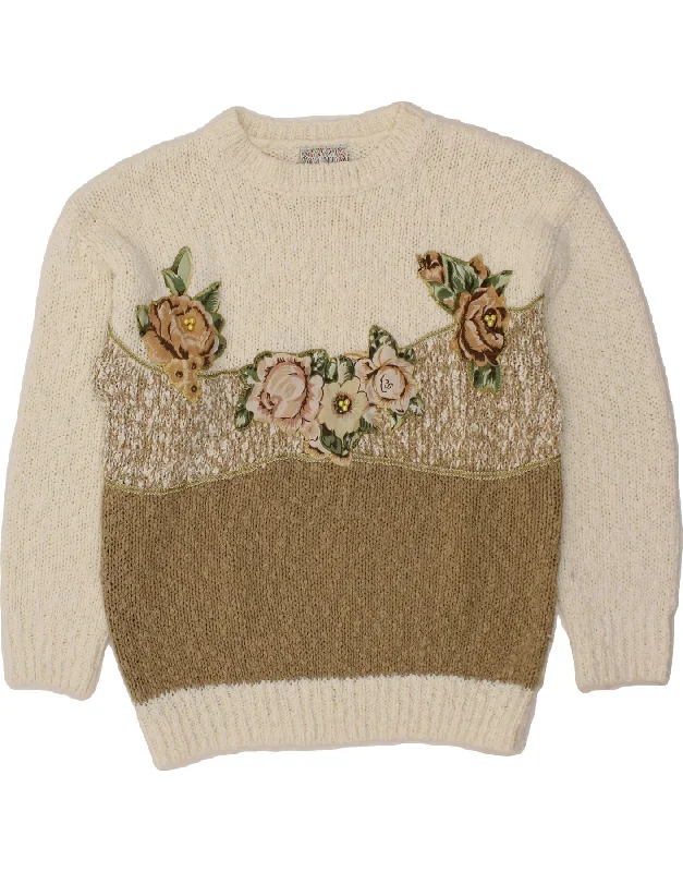 Deal Dash VINTAGE Womens Boat Neck Jumper Sweater UK 16 Large White Floral Acrylic