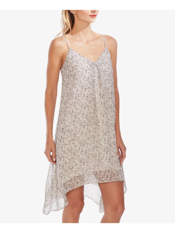 Deal Dash VINCE CAMUTO Womens Beige Printed Spaghetti Strap V Neck Midi Hi-Lo Dress
