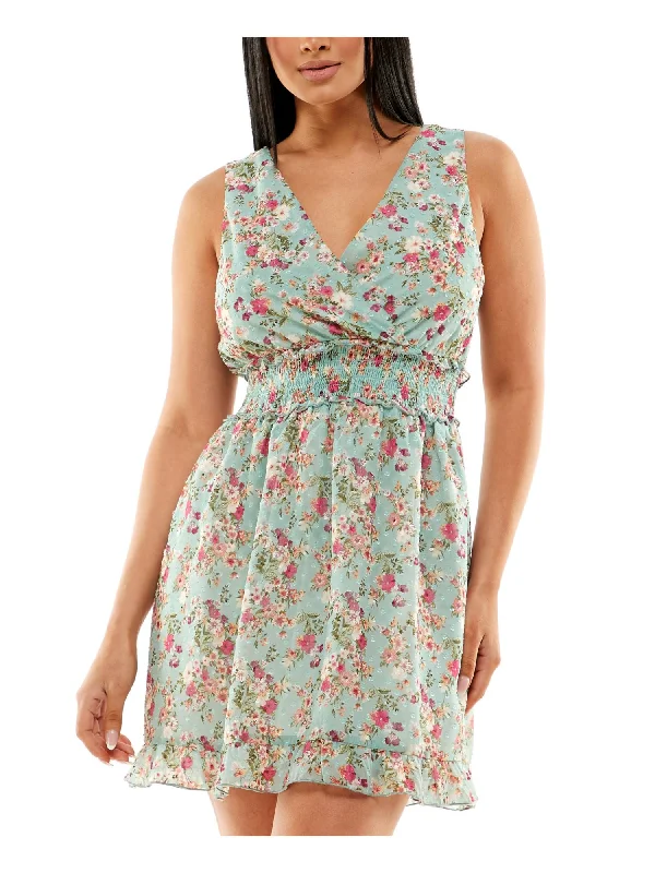 Deep Discounts SPEECHLESS Womens Green Smocked Ruffled Tie V Back Pullover Lined Floral Sleeveless Surplice Neckline Mini Fit + Flare Dress Deep Discounts SPEECHLESS Womens Green Smocked Ruffled Tie V Back Pullover Lined Floral Sleeveless Surplice Neckline Mini Fit + Flare Dress