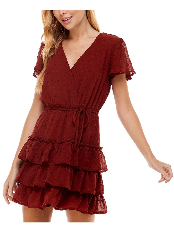 Exclusive Deal CITY STUDIO Womens Brown Textured Sheer Tiered Tie Waist Lined Flutter Sleeve Surplice Neckline Short Party Fit + Flare Dress Exclusive Deal CITY STUDIO Womens Brown Textured Sheer Tiered Tie Waist Lined Flutter Sleeve Surplice Neckline Short Party Fit + Flare Dress