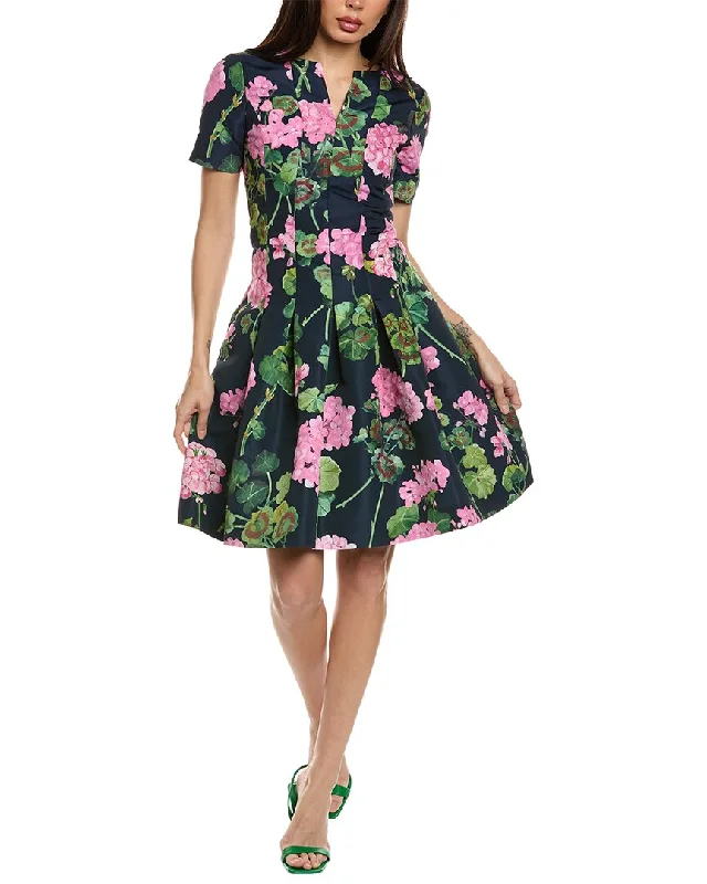 Discount Deals Oscar de la Renta V-Neck Geranium Faille Silk-Lined A-Line Dress