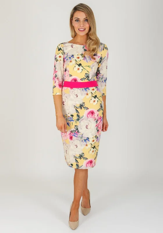 Savings Event Herysa Floral Rear Pleat Pencil Dress, Yellow