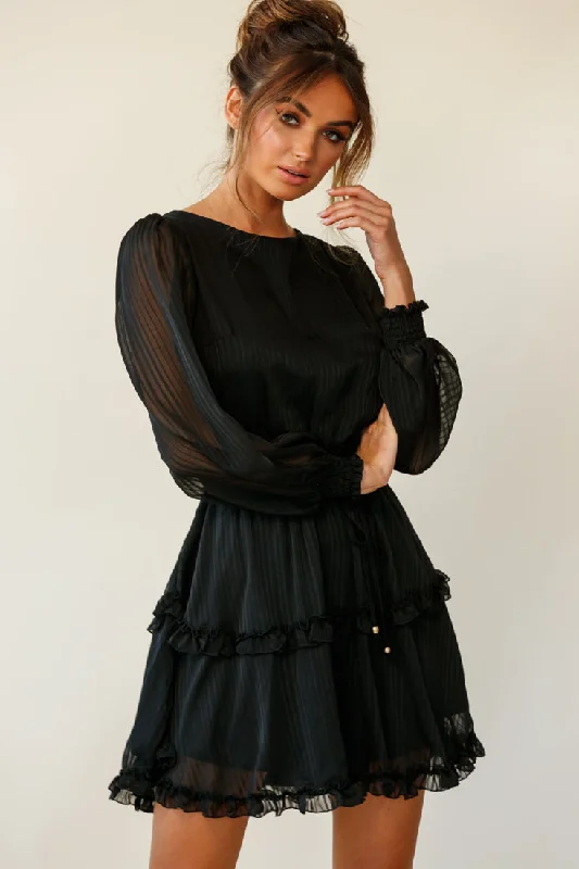 Limited Time Offer Mildred Long Sleeve Shirred Waist Frill Dress Black