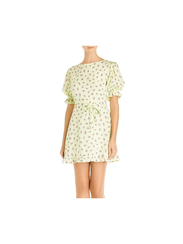 Act Fast FAITHFULL THE BRAND Womens Ruffled Floral Elbow Sleeve Crew Neck Short Fit + Flare Dress