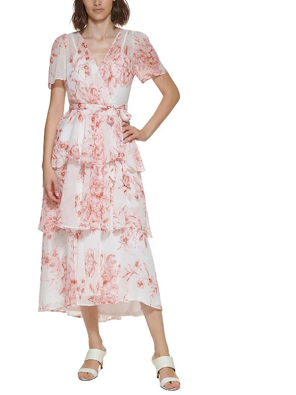 Epic Deals Petites Womens Floral Short Sleeve Midi Dress