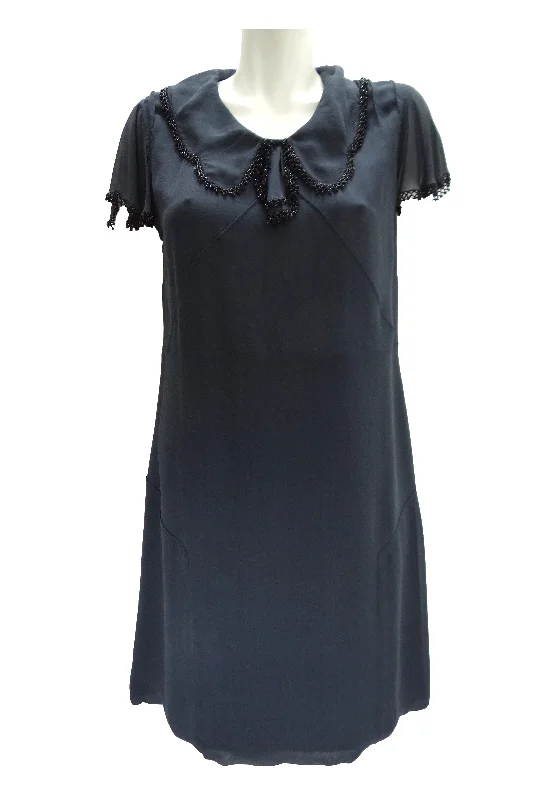 Price Smash Nicole Farhi Charcoal Grey Silk Shift Dress with Beaded Trim, UK12