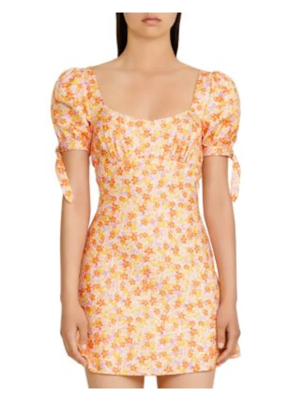 One-DAY Sale SIGNIFICANT OTHER Womens Orange Zippered Pleated Tie Cuffs Floral Pouf Sleeve Sweetheart Neckline Mini Empire Waist Dress