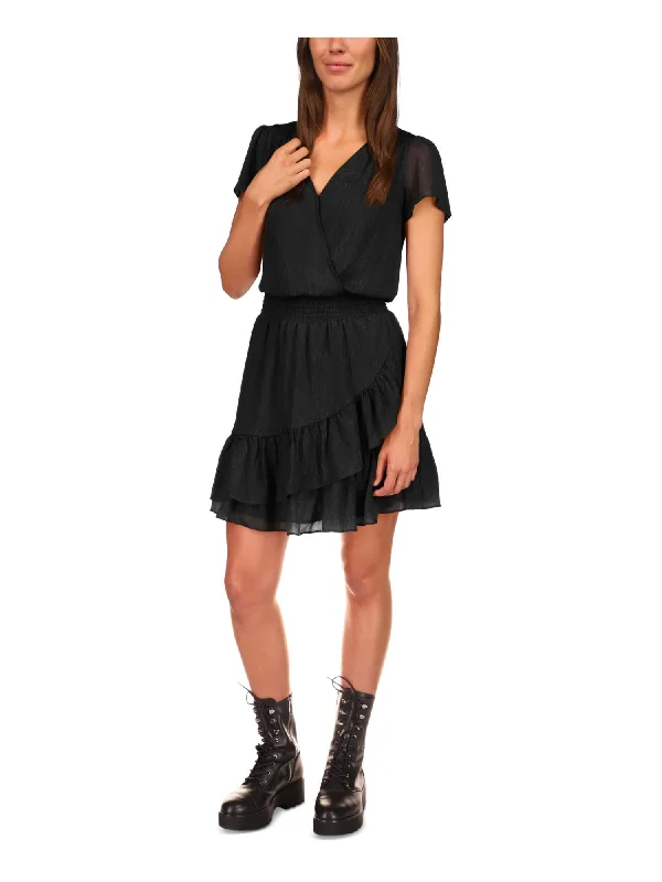Great Deals MICHAEL KORS Womens Black Smocked Sheer Lined Ruffled Hook And Eye Front Short Sleeve Surplice Neckline Above The Knee A-Line Dress Great Deals MICHAEL KORS Womens Black Smocked Sheer Lined Ruffled Hook And Eye Front Short Sleeve Surplice Neckline Above The Knee A-Line Dress