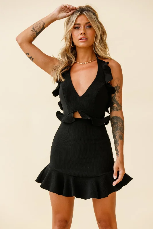 Now or Never Always Late Cut-Out Waist Ruffle Halterneck Dress Black