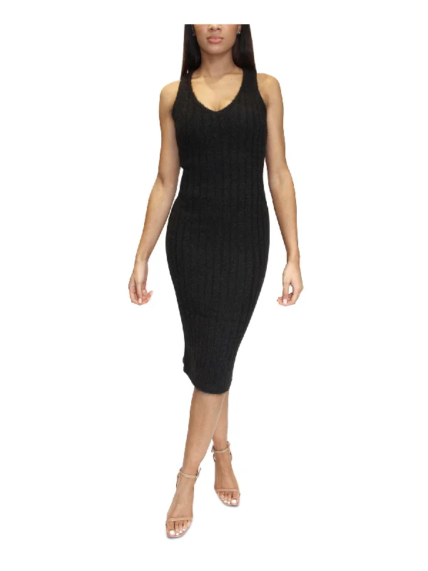Clearance Event ALMOST FAMOUS Womens Black Textured Eyelash-rib Sleeveless V Neck Knee Length Evening Sweater Dress Clearance Event ALMOST FAMOUS Womens Black Textured Eyelash-rib Sleeveless V Neck Knee Length Evening Sweater Dress