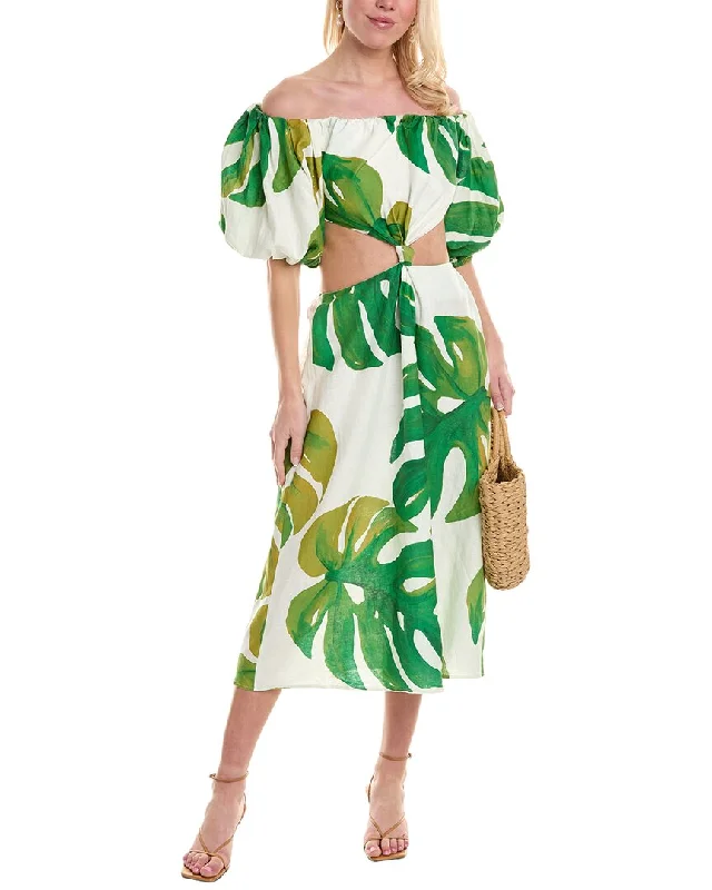 Special Buy FARM Rio Monstera Cutout Waist Linen-Blend Midi Dress