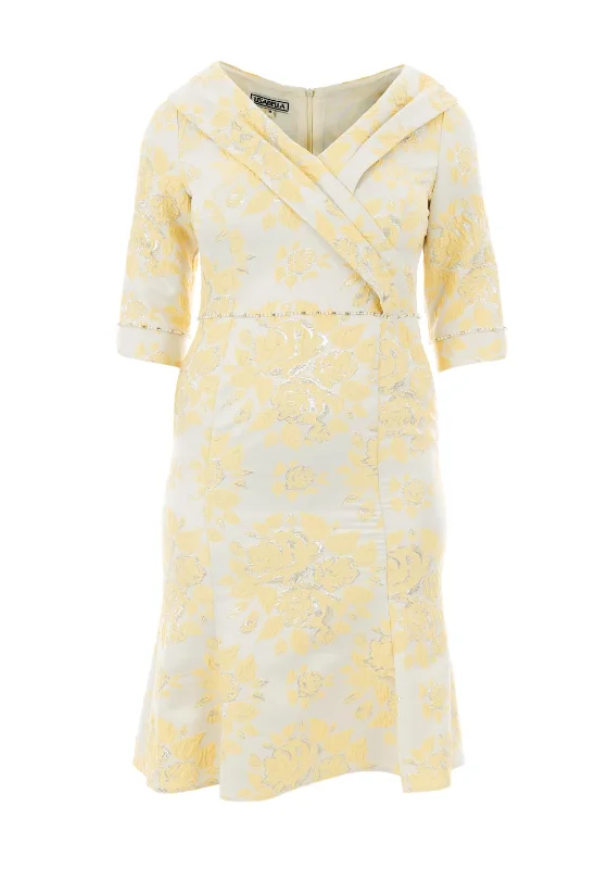 Inventory Reduction Lizabella Shawl Collar Jacquard Peplum Flare Dress, Yellow Multi