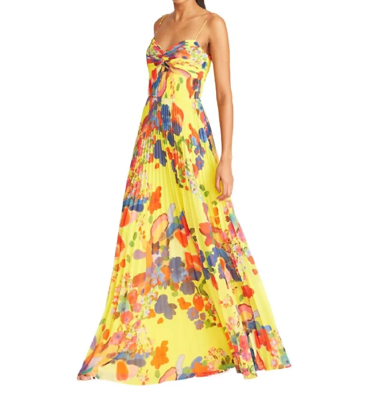 Super Deal Dawson Pleated Gown In Yellow Brushstroke Floral
