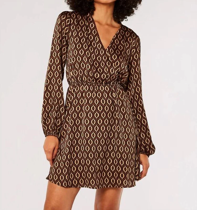 Deal Mania Geometric Satin Wrap Mini Dress In Brown