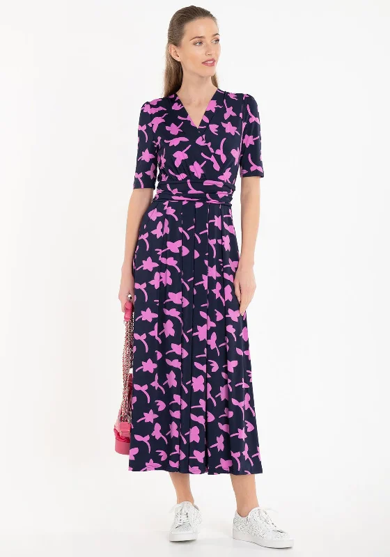 Discount Days Jolie Moi Amaka Leaf Print Jersey Maxi Dress, Navy & Pink
