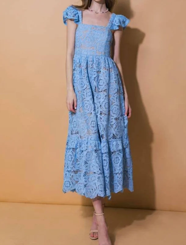 Buy Now Solid Lace Midi Dress In Blue