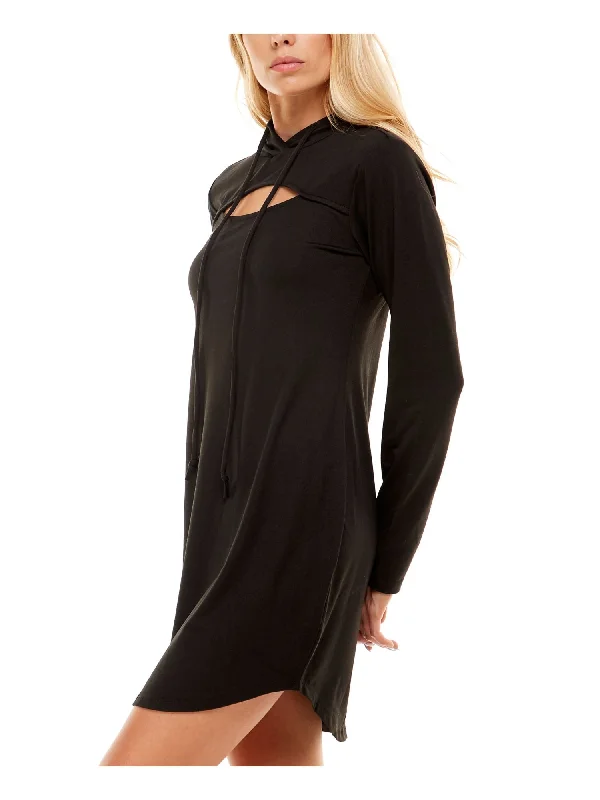 Steals and Deals ALMOST FAMOUS Womens Black Stretch Cut Out Drawstring Hood Long Sleeve Crew Neck Above The Knee Fit + Flare Dress Steals and Deals ALMOST FAMOUS Womens Black Stretch Cut Out Drawstring Hood Long Sleeve Crew Neck Above The Knee Fit + Flare Dress