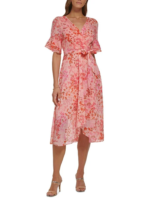 Limited Time Discount Womens Floral Ruffle Sleeve Midi Dress
