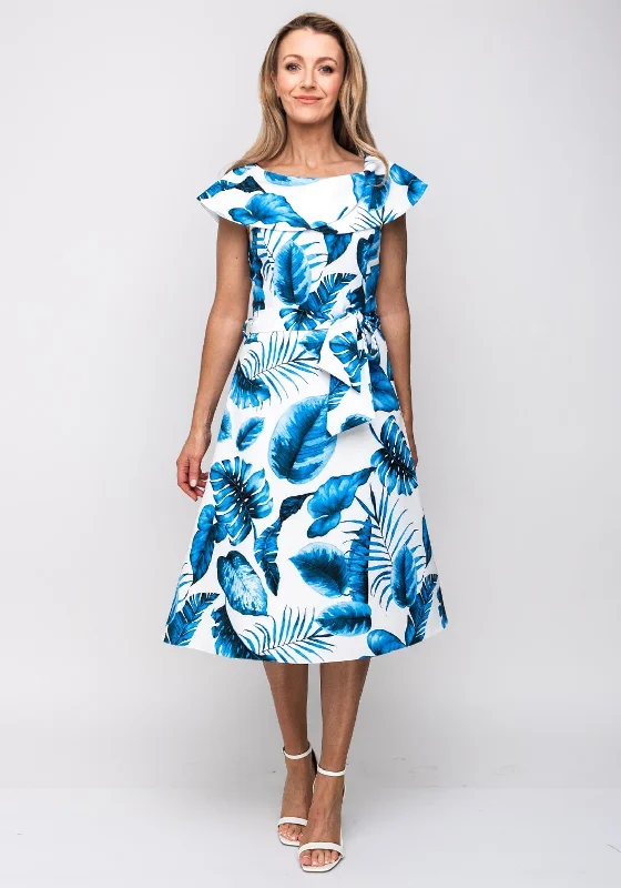 Super Sale Coco Doll Nala Leaf Print Flared Dress, White & Blue