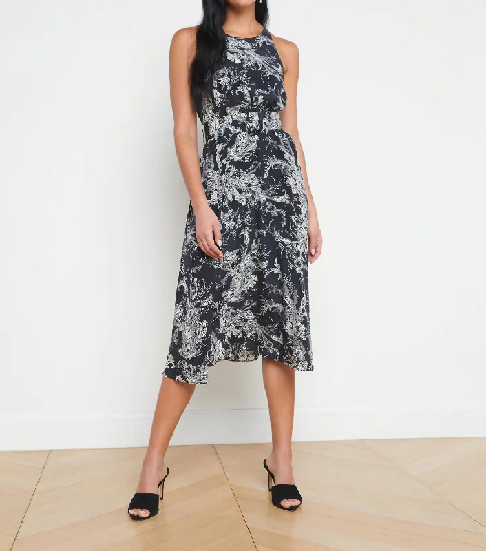 TIME-Limited Offer Vivian Belted Silk Dress In Black/ecru Paisley