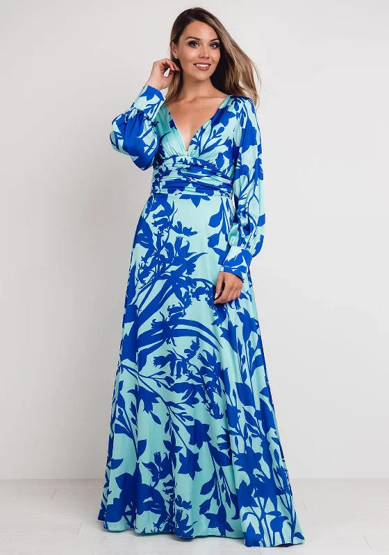 Limited Availability Herysa Printed Satin Maxi Dress, Aqua & Blue