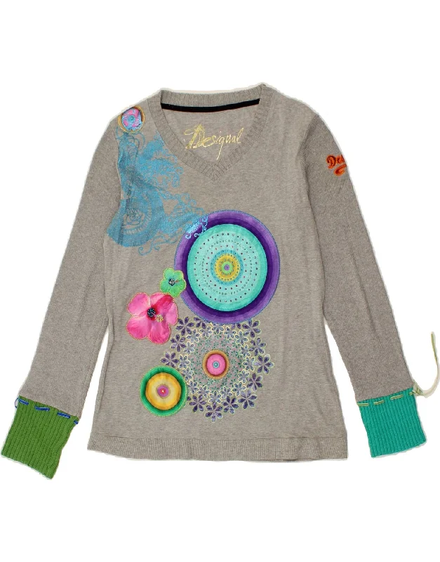 Bargain Prices DESIGUAL Womens V-Neck Jumper Sweater UK 16 Large Grey Floral Cotton