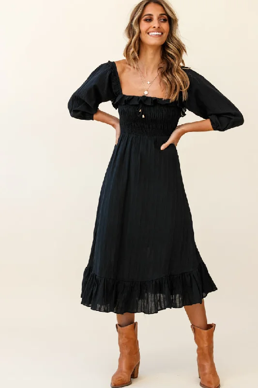 Special Offer Flynn Off-Shoulder Shirred Bust Midi Dress Black