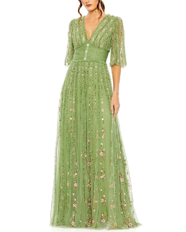 Weekend Flash Sale Mac Duggal Floral Ruffle Detail Long V-Neck Gown