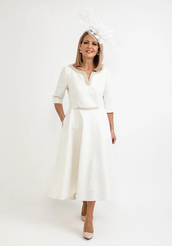 Discount Days Gabriela Sanchez Pearl & Diamante Neckline Jacquard Midi Dress, Gold