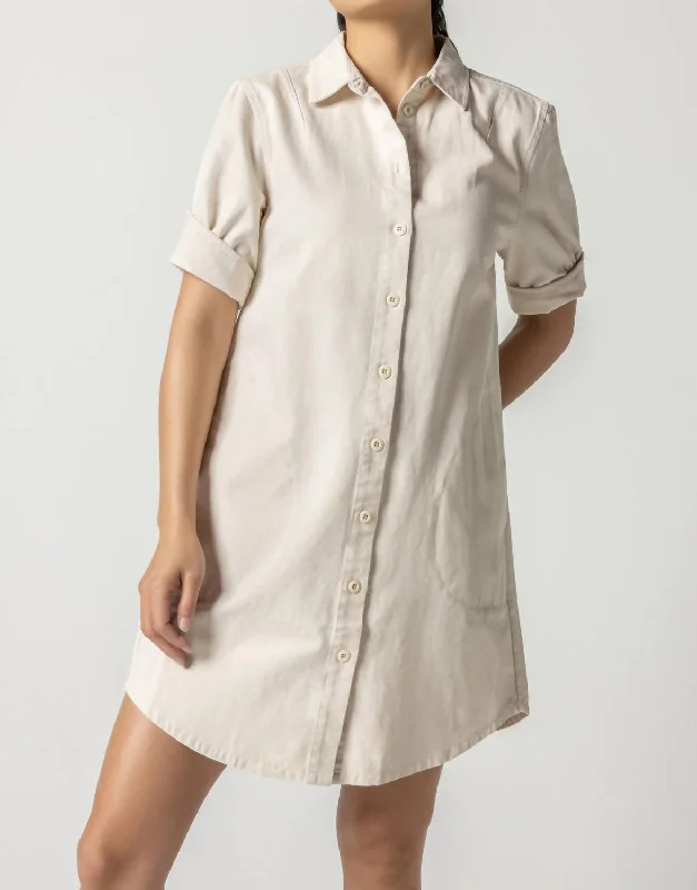 Anniversary Sale Canvas Woven Cuff Sleeve Shirt Dress In Natural