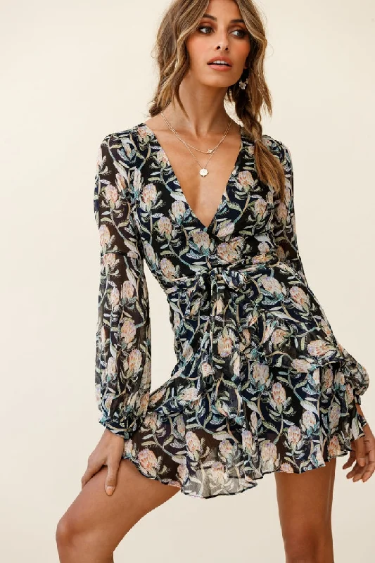 Seasonal Sale Kerry Layered Balloon Sleeve Dress Banksia Print Black