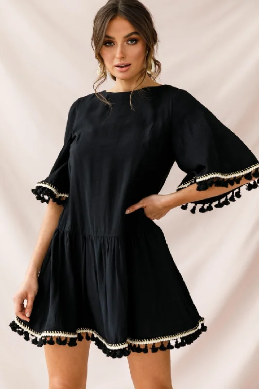 Big Discounts Donna Dropped Waist Tassel Dress Black