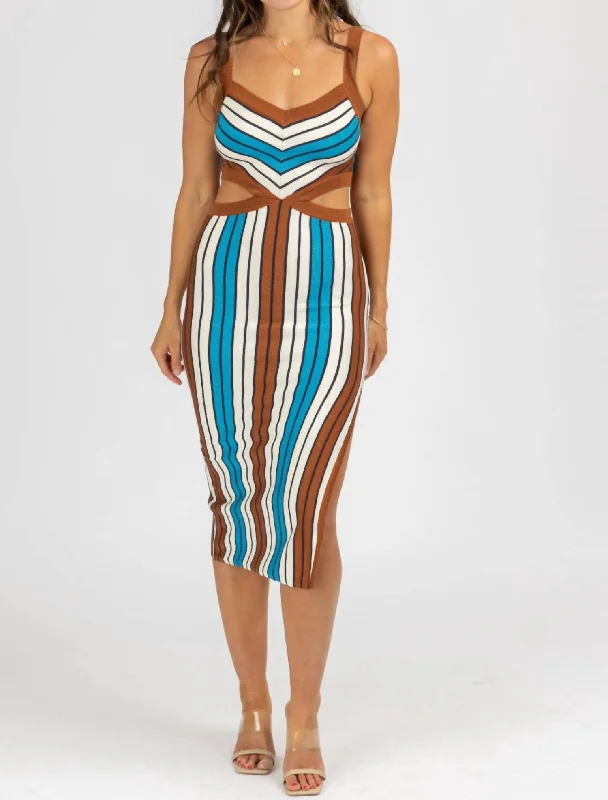Savings Event Multistripe Cutout Knit Midi Dress In Brown
