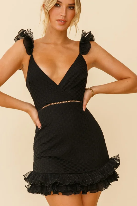 Fantastic Offers Kaley Layered Frill Hem Textured Dress Black