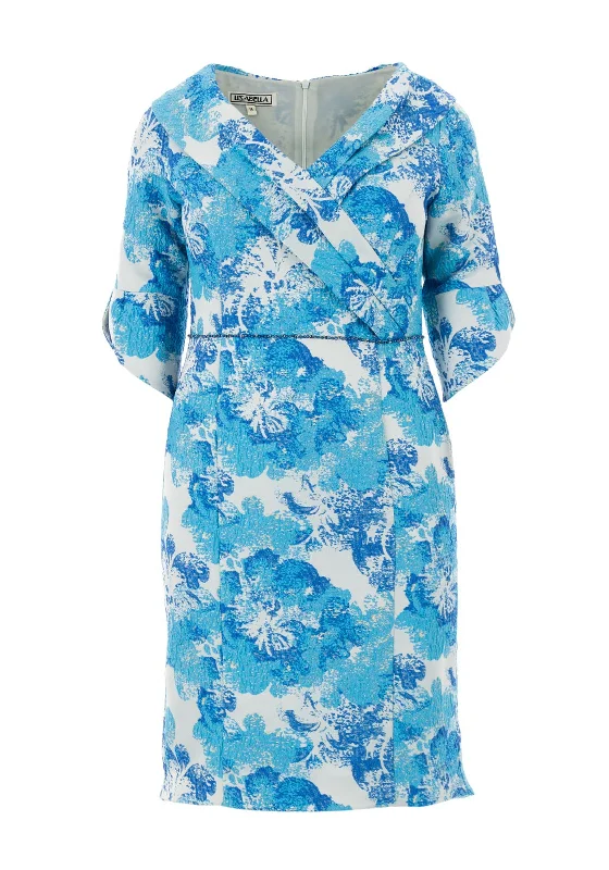Closeout Sale Lizabella Shawl Collar Jacquard Dip Hem Dress, Royal Blue