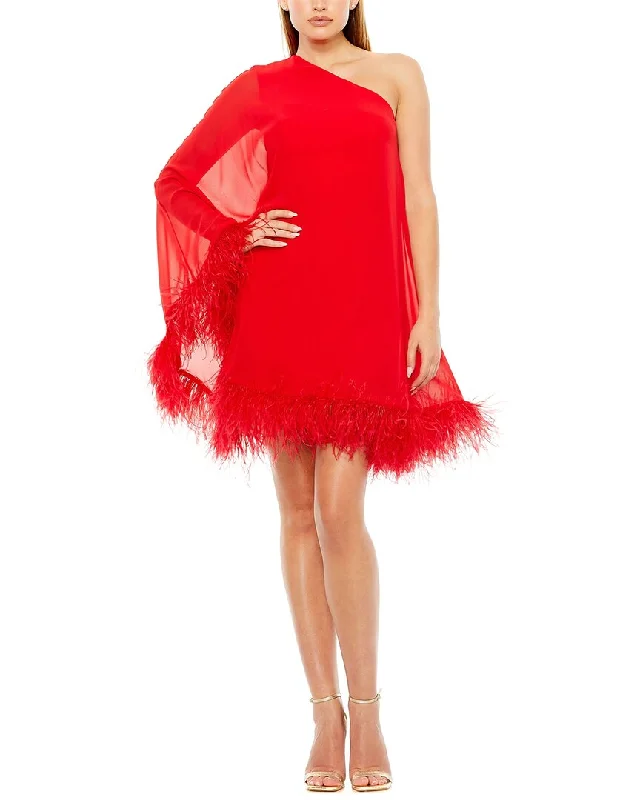 Exclusive Deal Mac Duggal One Shoulder Trapeze Dress with Feather Trim