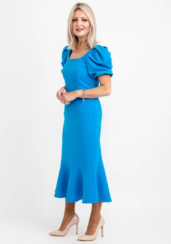 Exclusive Deal Claudia C Puff Sleeve Fishtail Dress, Azure Blue