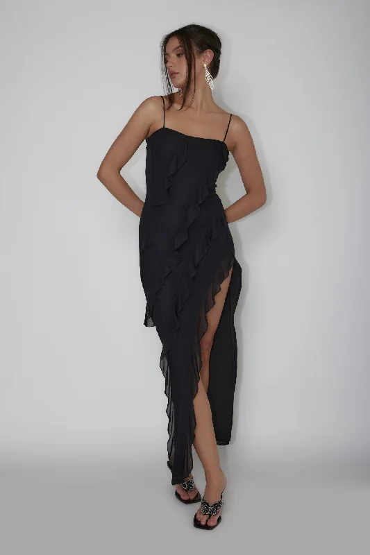 Season Finale Sale Catriona Split Ruffle Midi Dress Black