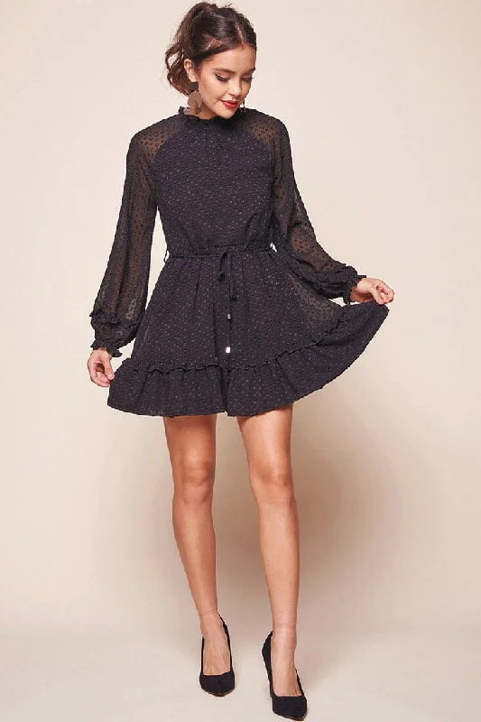 Act Now Tracee Open Black Ruffled Hemline Dress Black