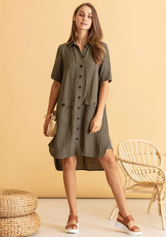 Mega Sale Naya Linen Blend Shirt Dress, Khaki Green