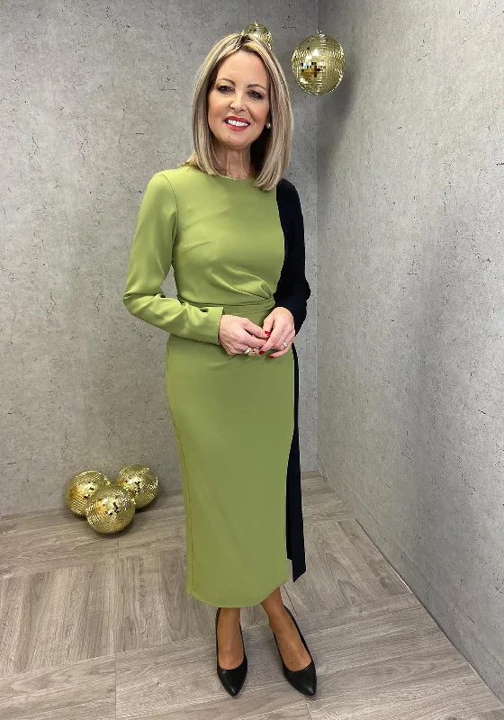 Hurry In Exquise Colour Block Ruched Waist Mid Dress, Green & Black